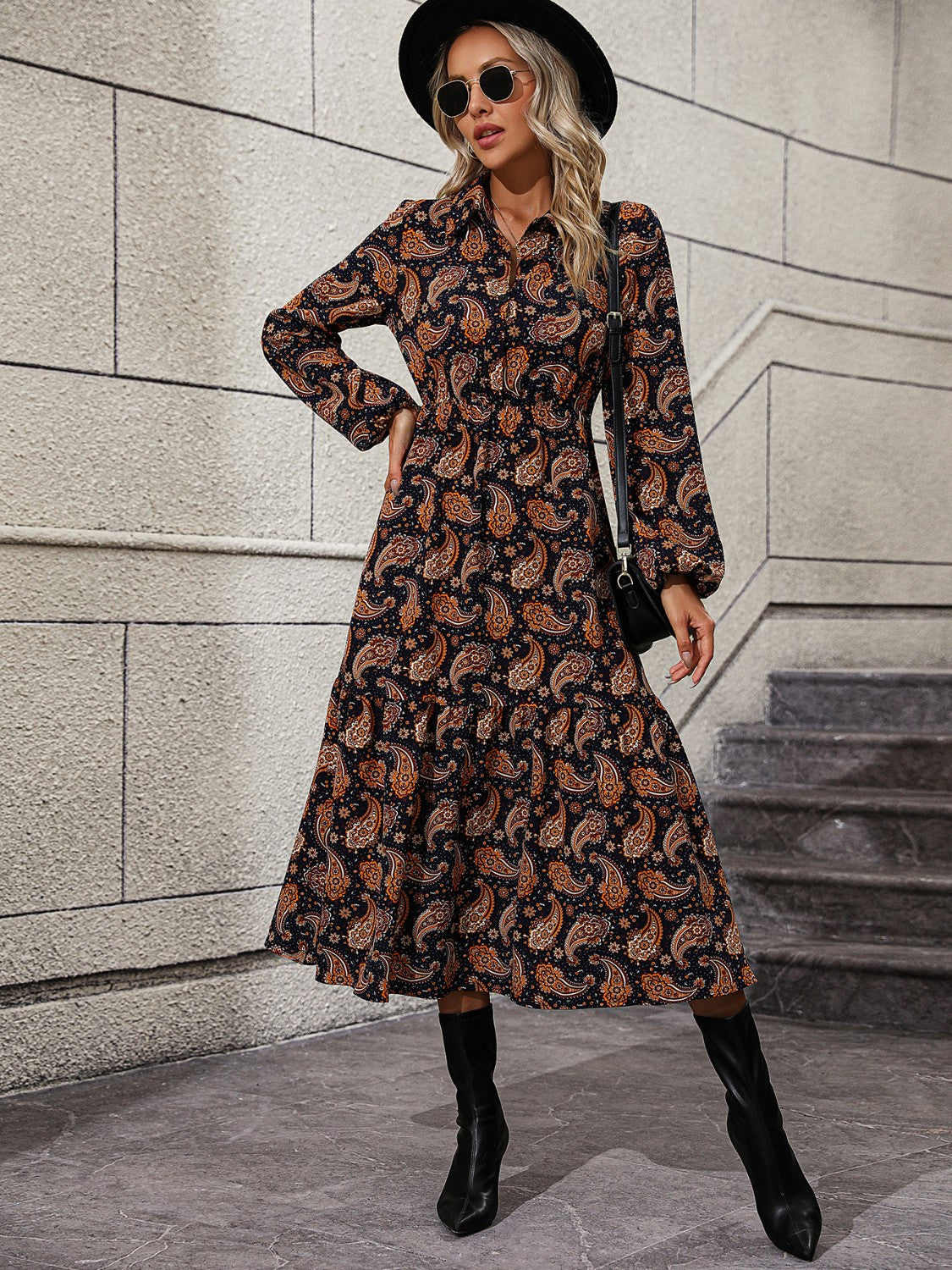 TastyHottie - Long Sleeve Collared Casual Casual Midi Dress