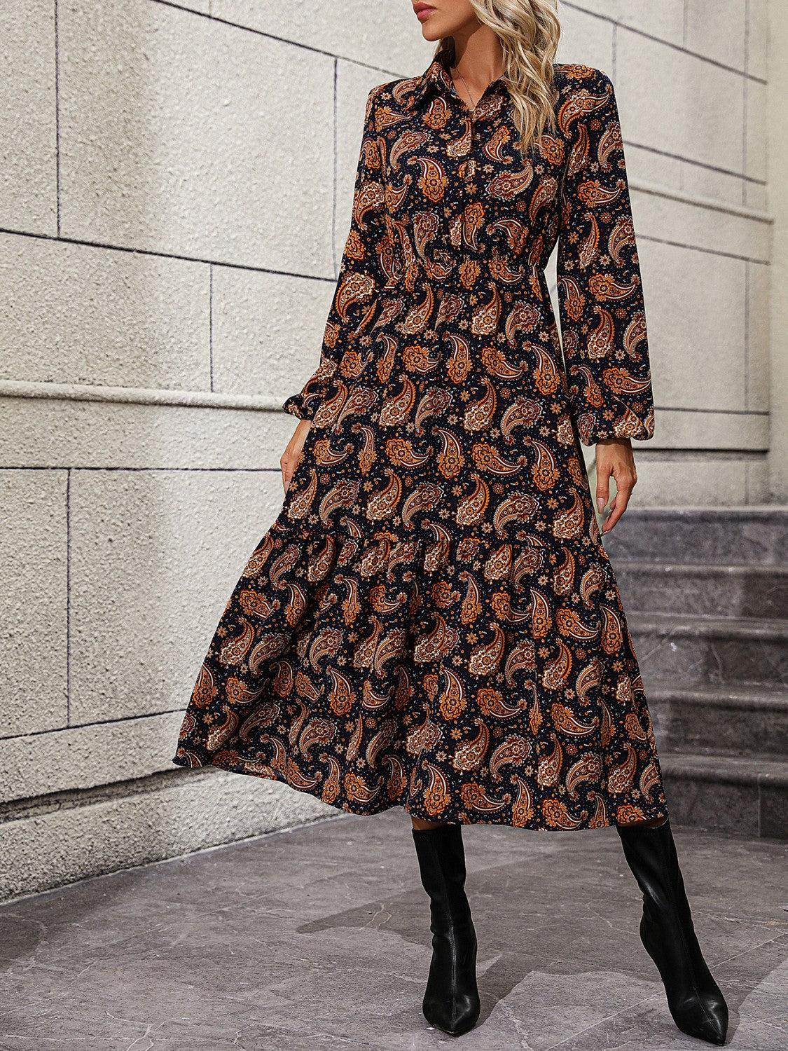 TastyHottie - Long Sleeve Collared Casual Casual Midi Dress