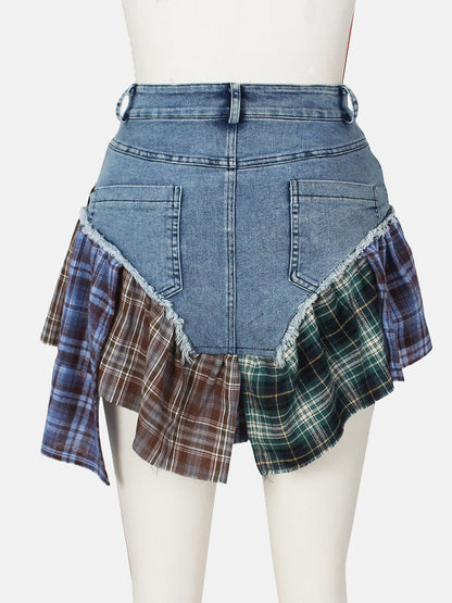 Denim Patchwork Graceful Plaid Shorts