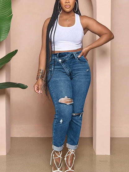 Ripped Raw Hem Trendy Denim Overall Romper