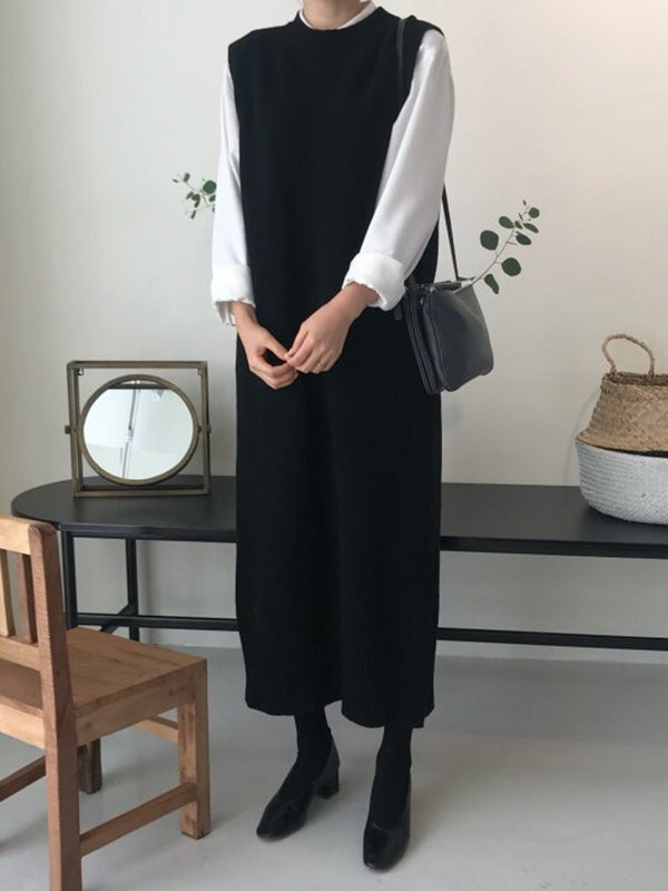 Urban Loose Sleeveless Solid Color Classic Round-Neck Midi Dresses Sweater Dresses