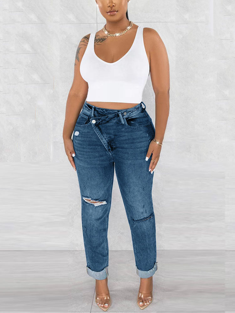 Ripped Raw Hem Trendy Denim Overall Romper