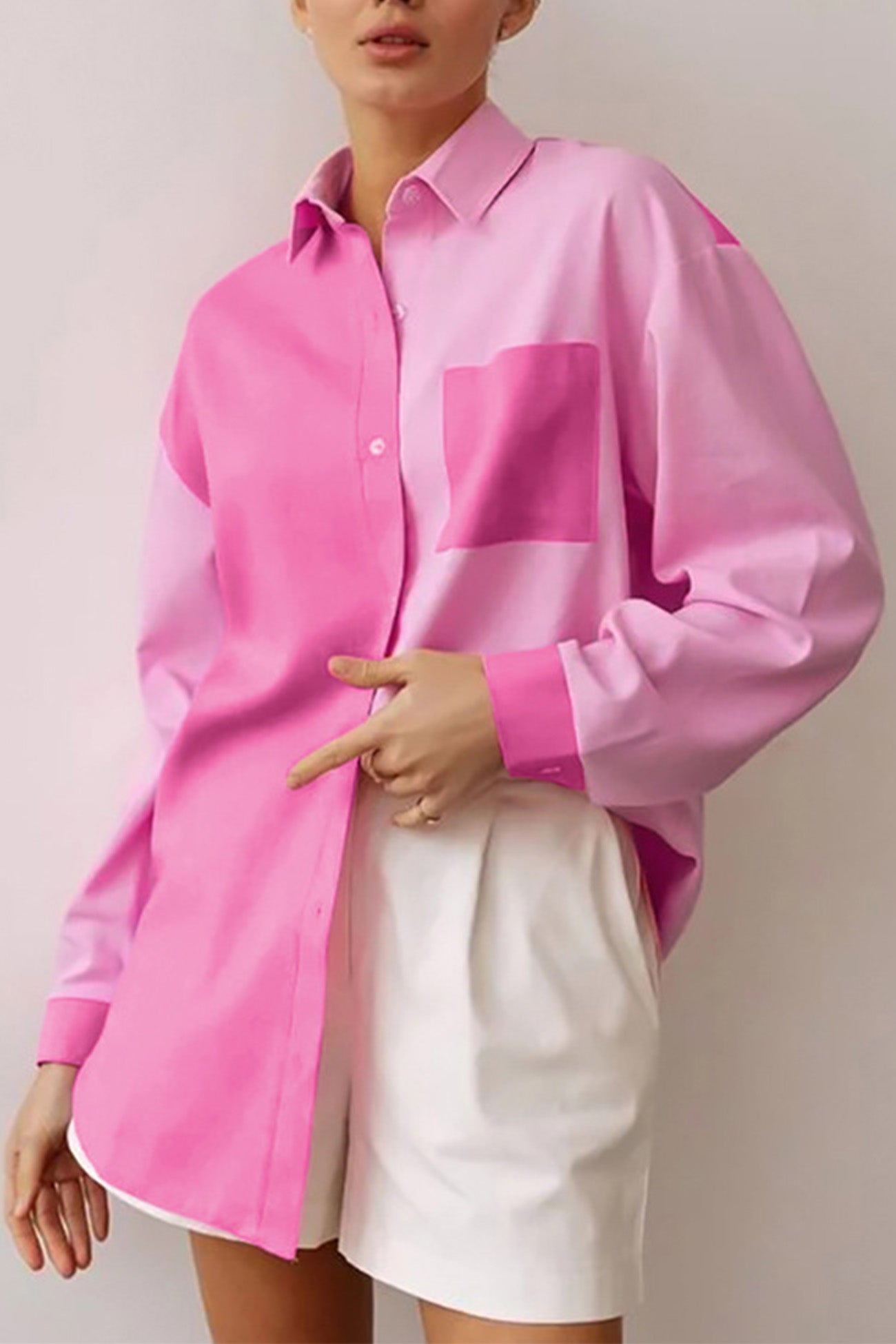 TastyHottie - Pink Lapel Pocket Button-Up Long Sleeve Blouse