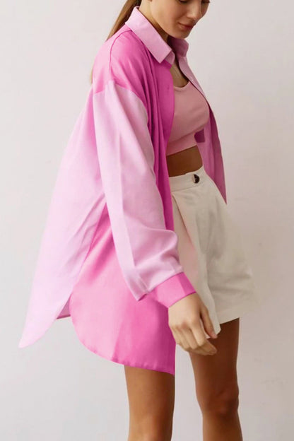 TastyHottie - Pink Lapel Pocket Button-Up Long Sleeve Blouse