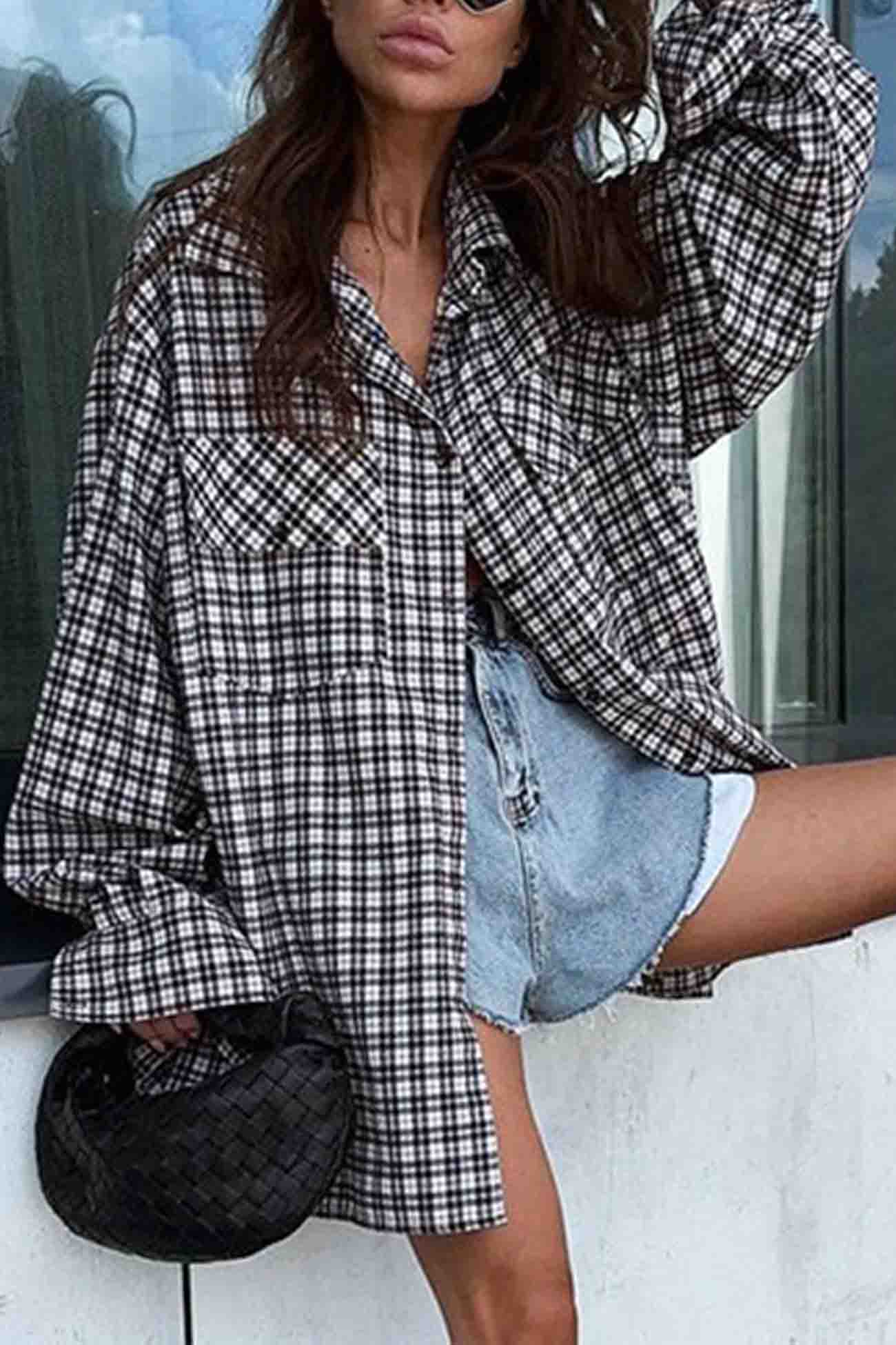 TastyHottie - Plaid Drop Shoulder Lantern Sleeve Long Blouse