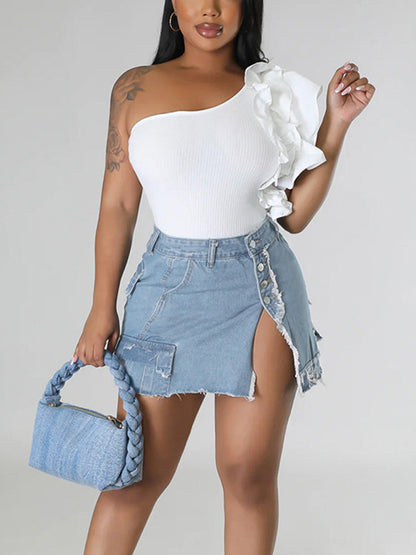 Denim Pocket Graceful Patched Mini Skirt