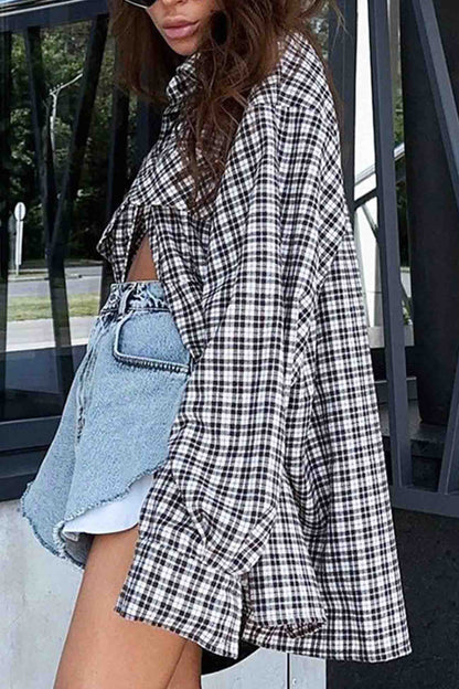 TastyHottie - Plaid Drop Shoulder Lantern Sleeve Long Blouse