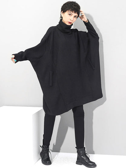 Super Loose Black High-Neck Modern Knitting Batwing Sleeves Sweater Dress