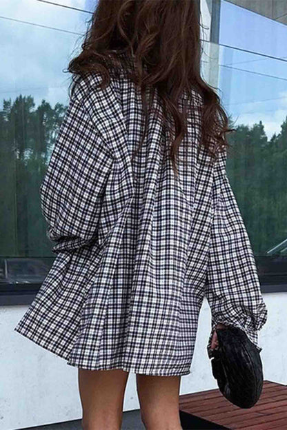 TastyHottie - Plaid Drop Shoulder Lantern Sleeve Long Blouse