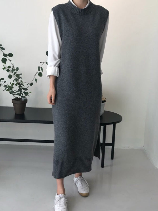 Urban Loose Sleeveless Solid Color Classic Round-Neck Midi Dresses Sweater Dresses