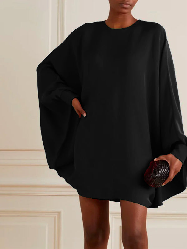 Simple Long Batwing Sleeves Modern Solid Color Round-Neck Mini Dresses