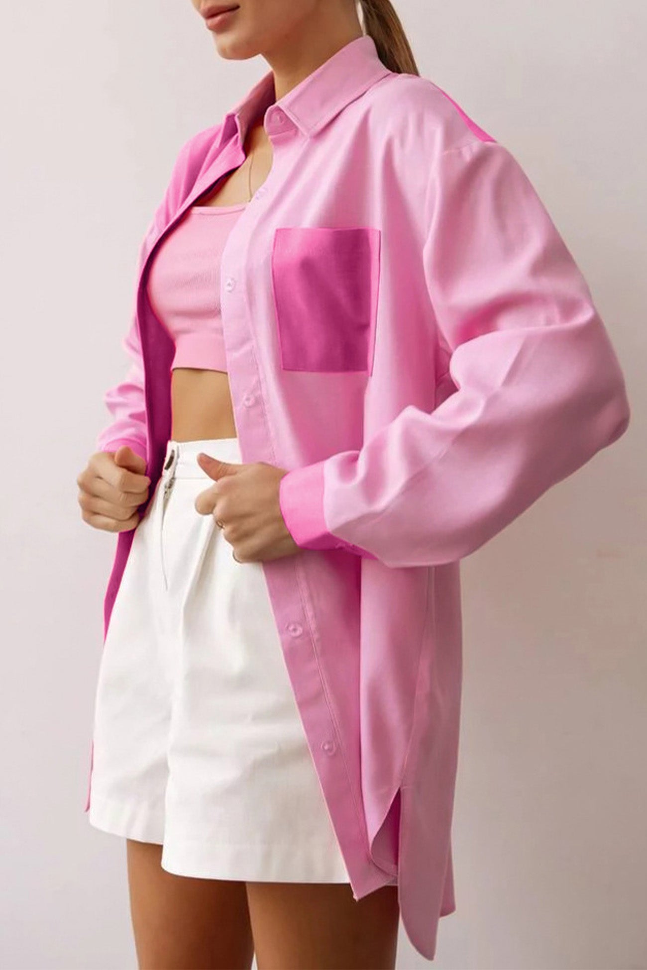 TastyHottie - Pink Lapel Pocket Button-Up Long Sleeve Blouse