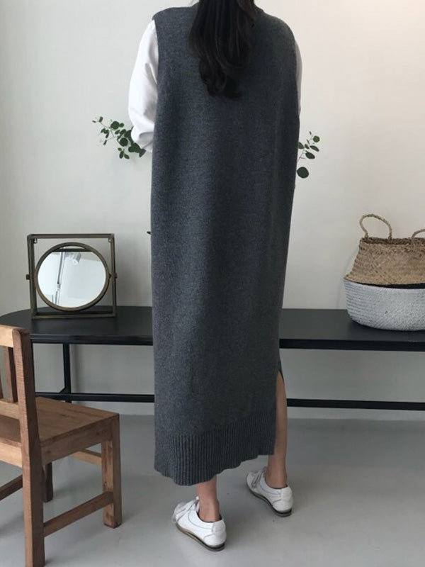 Urban Loose Sleeveless Solid Color Classic Round-Neck Midi Dresses Sweater Dresses