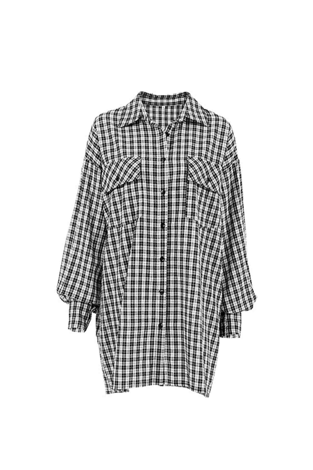 TastyHottie - Plaid Drop Shoulder Lantern Sleeve Long Blouse