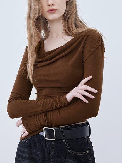 Asymmetric Neckline Ruched Trendy Long Sleeve Shirt