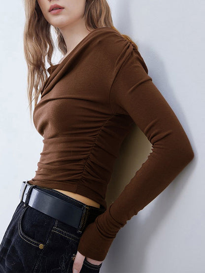 Asymmetric Neckline Ruched Trendy Long Sleeve Shirt