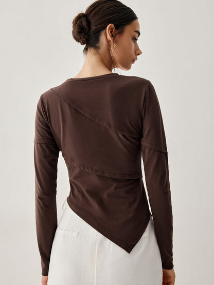 Asymmetric Hem Piping Trendy Long Sleeve Top