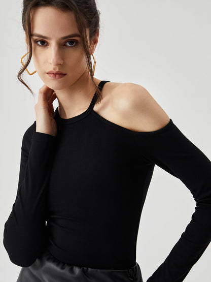 Asymmetric Cold Shoulder Trendy Cut-out Long Sleeve Top