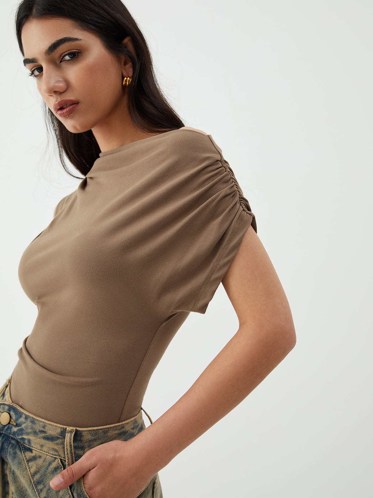 Asymmetric One Graceful Shoulder Pleated Top