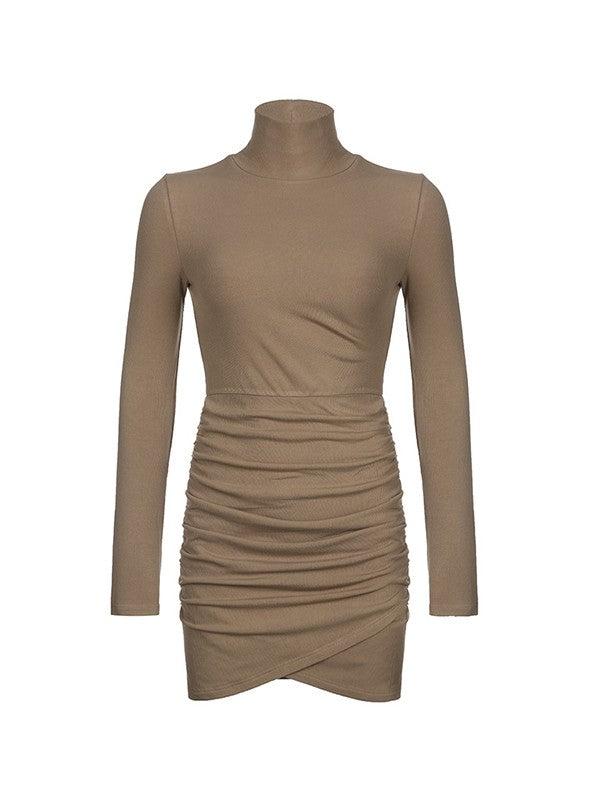 Ruched Crew Neck Sleeveless Bodycon Classic Ruffle Cocktail Midi Dress - Brown