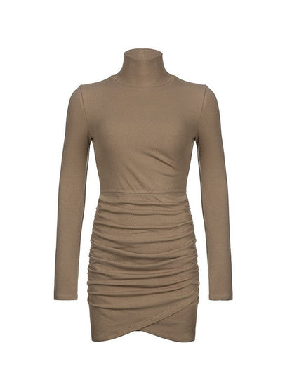 Ruched Crew Neck Sleeveless Bodycon Classic Ruffle Cocktail Midi Dress - Brown