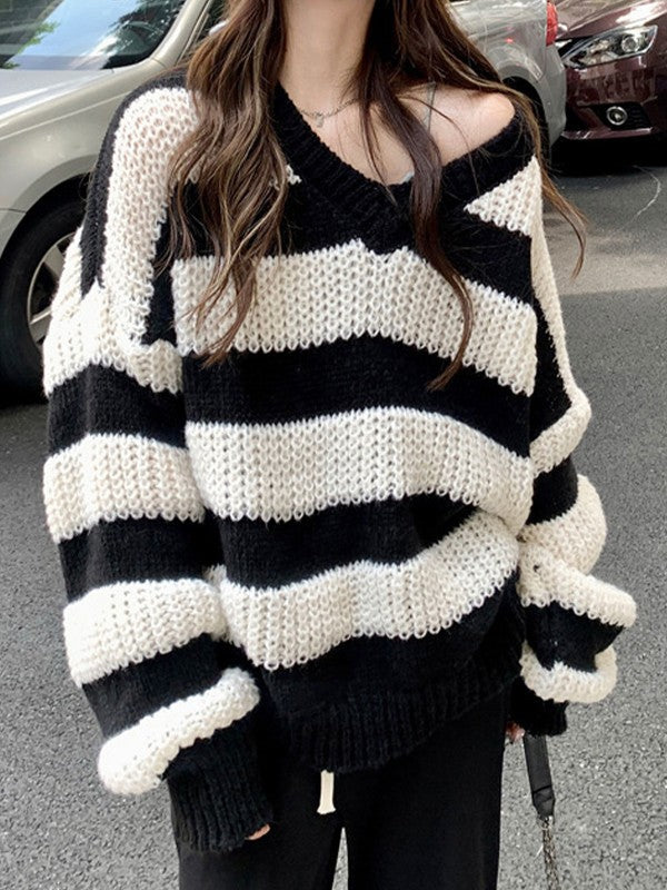 V Neck Metallic Trendy Black Pullover Sweater