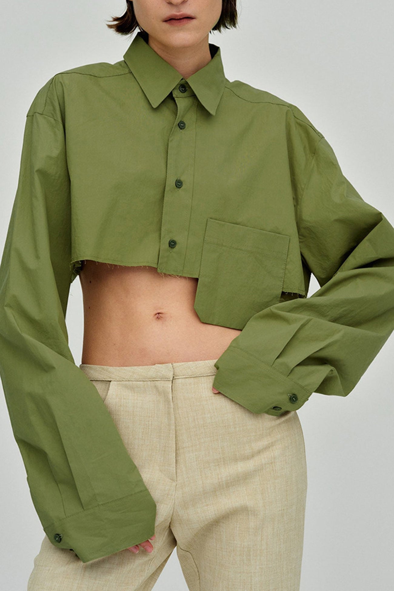 TastyHottie - Lapel Patch Pocket Cropped Shirt