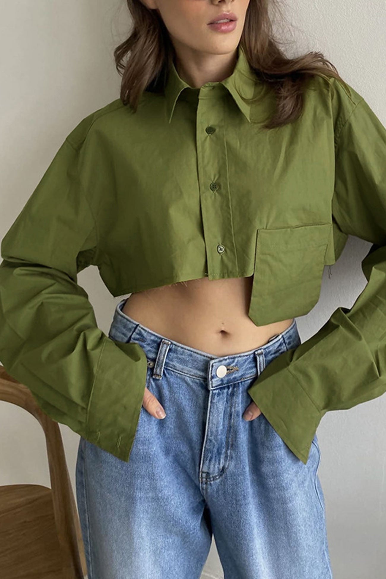 TastyHottie - Lapel Patch Pocket Cropped Shirt