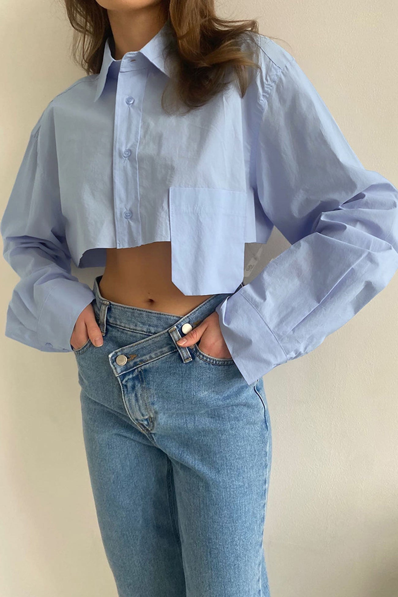 TastyHottie - Lapel Patch Pocket Cropped Shirt