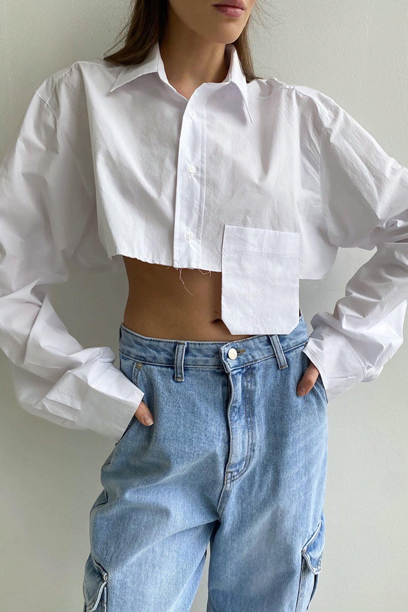 TastyHottie - Lapel Patch Pocket Cropped Shirt