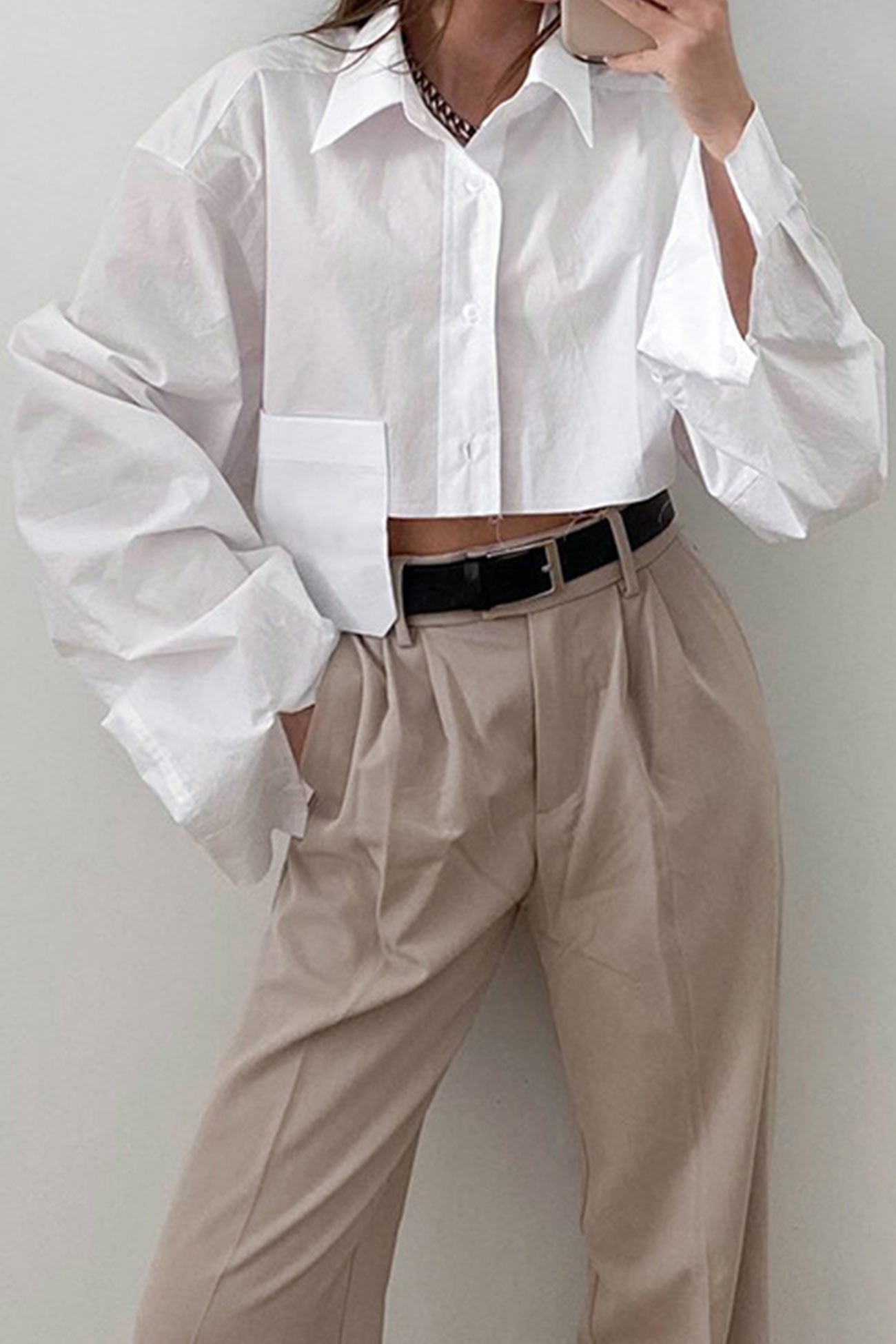 TastyHottie - Lapel Patch Pocket Cropped Shirt