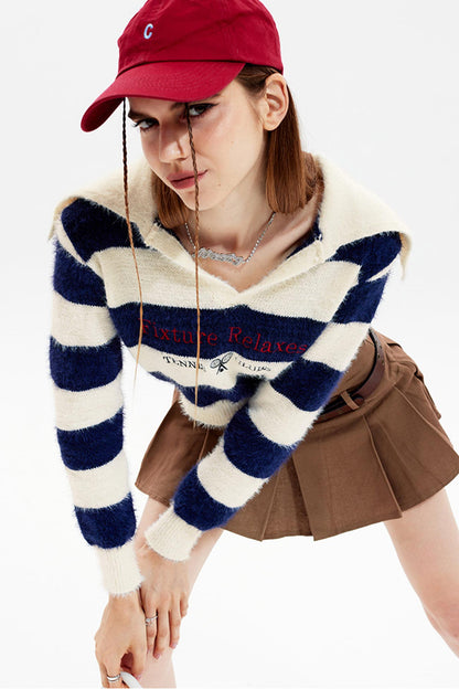 TastyHottie - Lapel Striped Patchwork Knitted Sweater