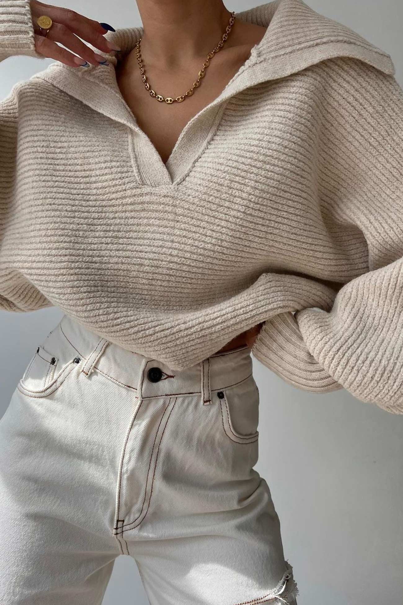 TastyHottie - Lapel V Neck Puff Sleeve Sweater