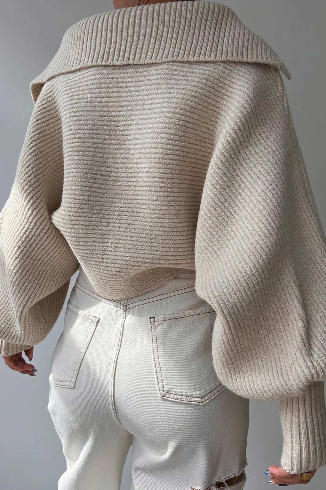 TastyHottie - Lapel V Neck Puff Sleeve Sweater