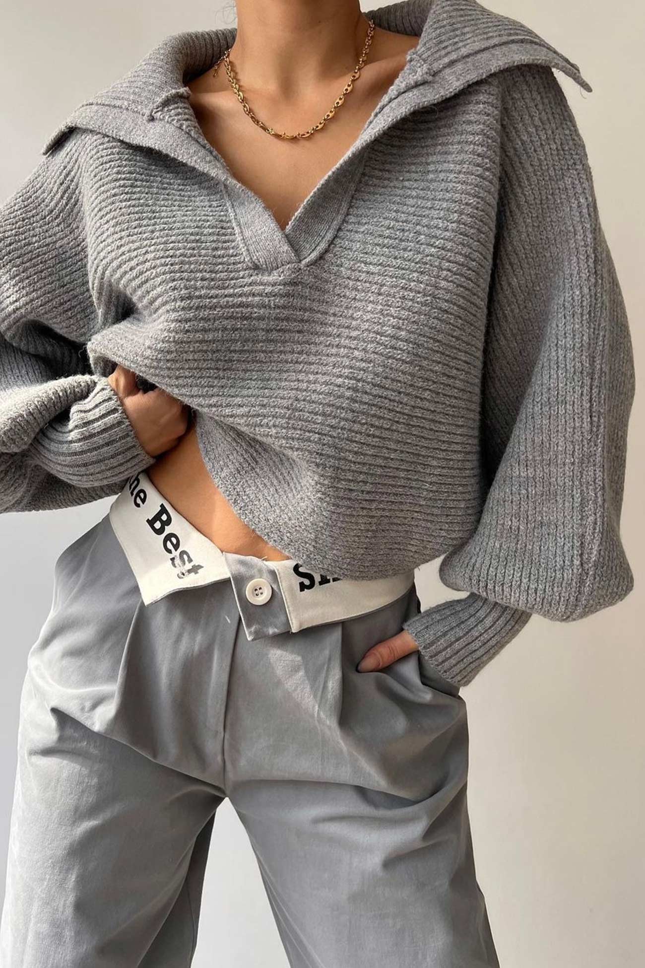 TastyHottie - Lapel V Neck Puff Sleeve Sweater