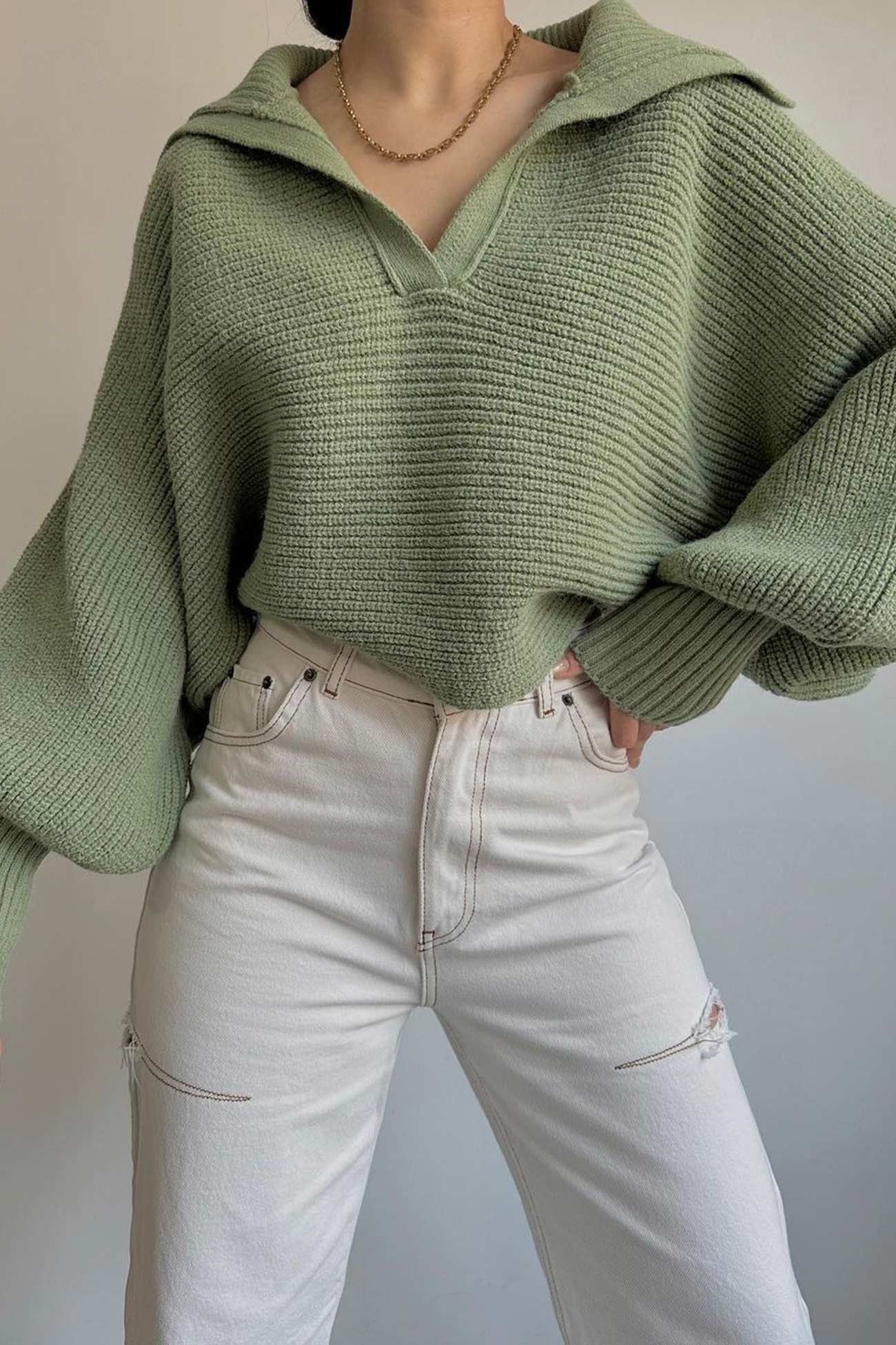 TastyHottie - Lapel V Neck Puff Sleeve Sweater