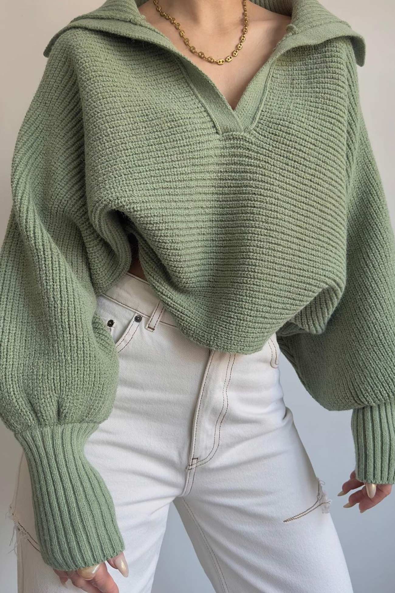 TastyHottie - Lapel V Neck Puff Sleeve Sweater