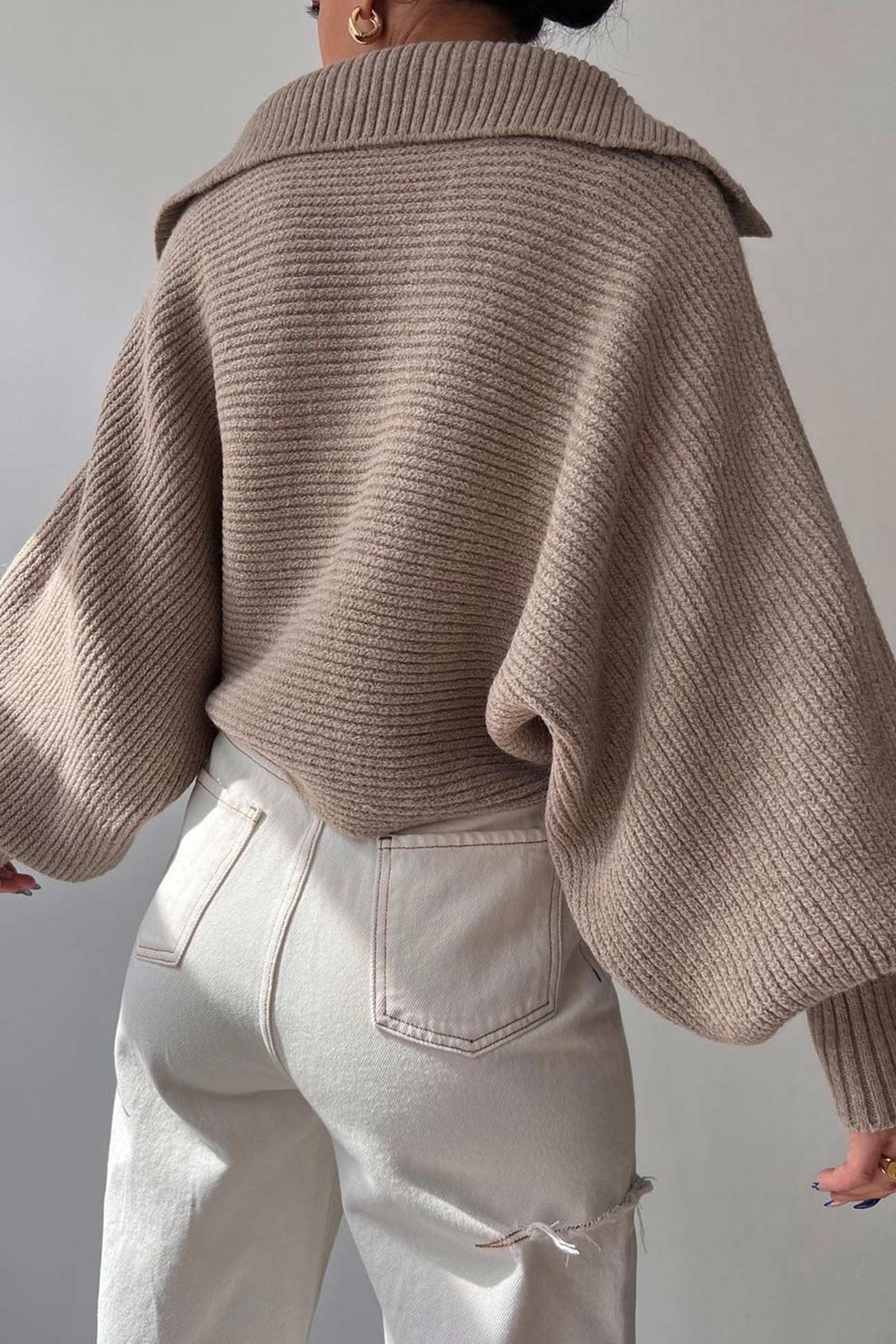 TastyHottie - Lapel V Neck Puff Sleeve Sweater