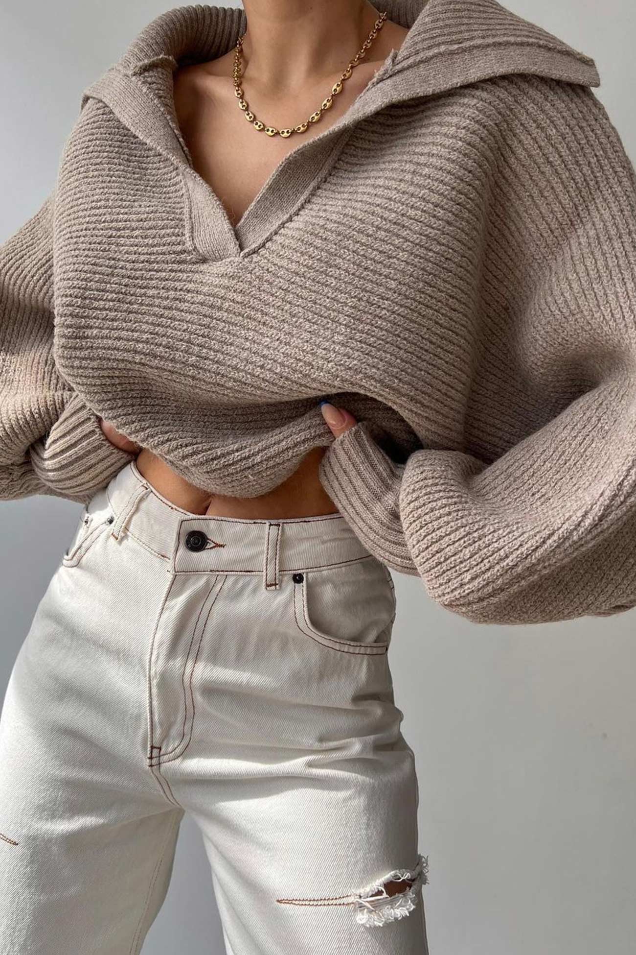 TastyHottie - Lapel V Neck Puff Sleeve Sweater