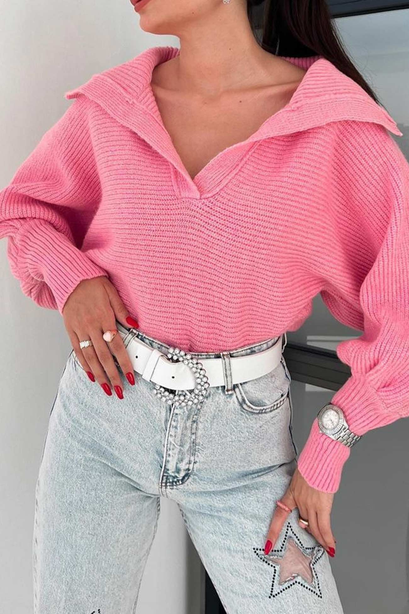 TastyHottie - Lapel V Neck Puff Sleeve Sweater