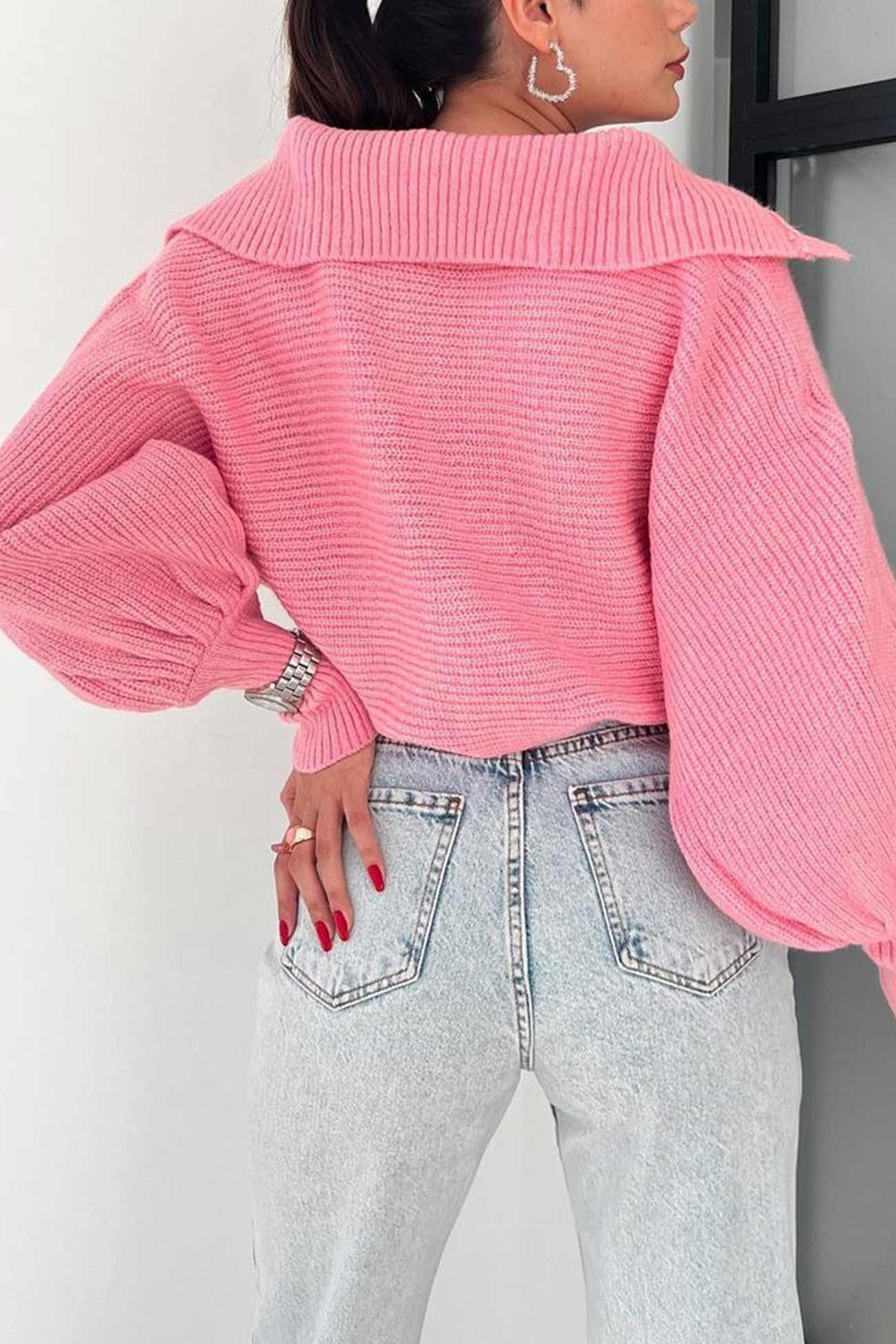 TastyHottie - Lapel V Neck Puff Sleeve Sweater