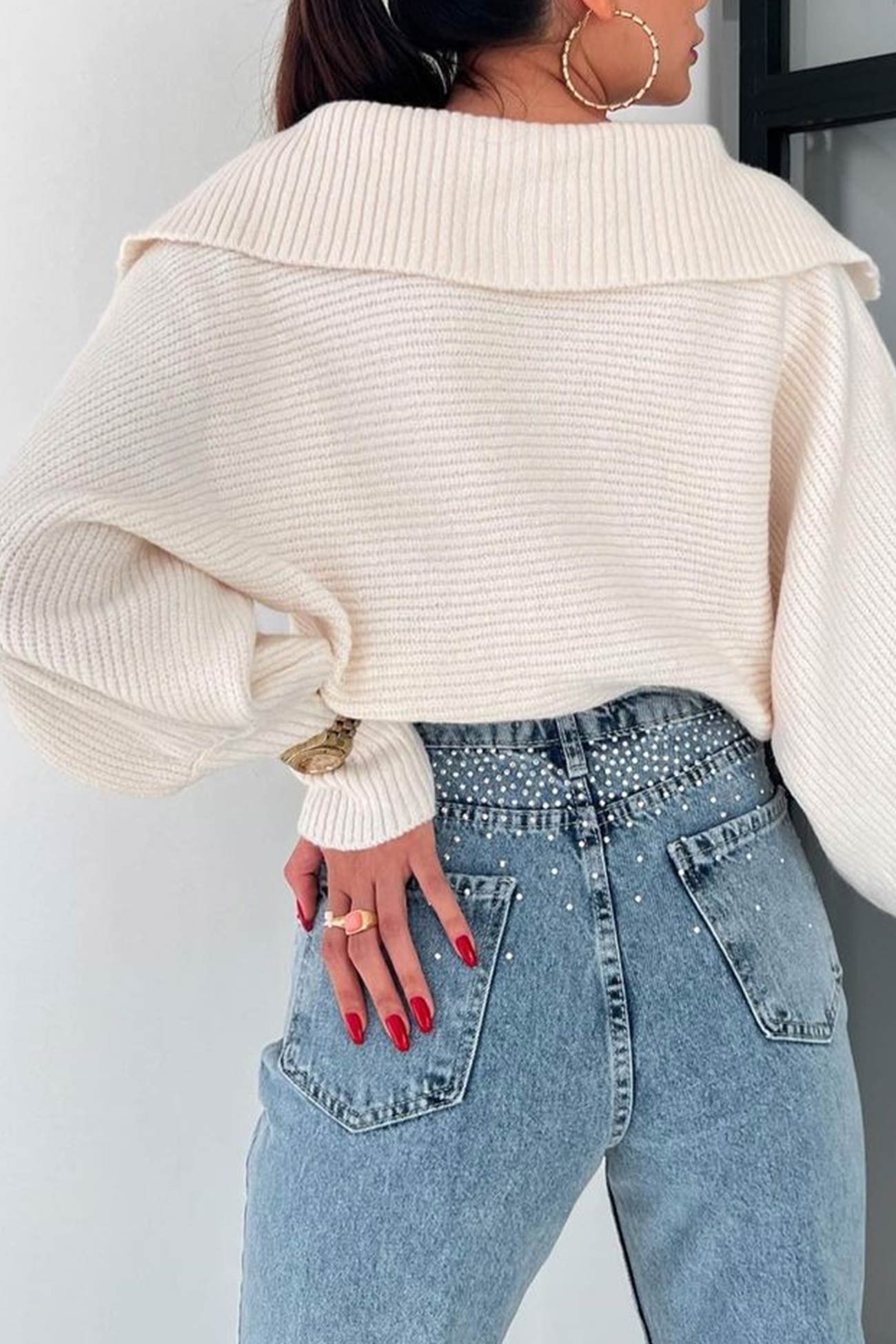 TastyHottie - Lapel V Neck Puff Sleeve Sweater