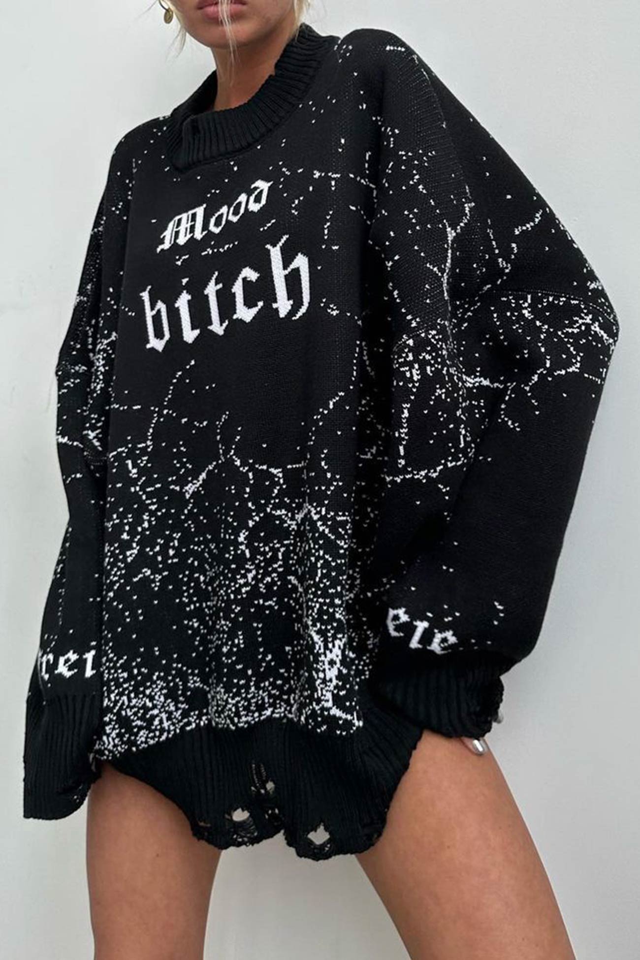 TastyHottie - Letter Embroidery Distressed Pullover Sweater