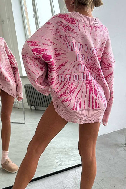 TastyHottie - Letter Embroidery Distressed Pullover Sweater