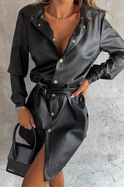 Timeless Button Down Trendy Faux Leather Shacket Dress