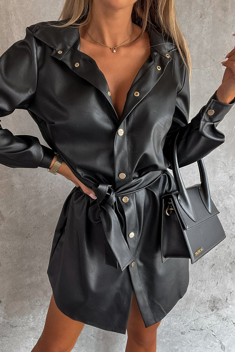 Timeless Button Down Trendy Faux Leather Shacket Dress