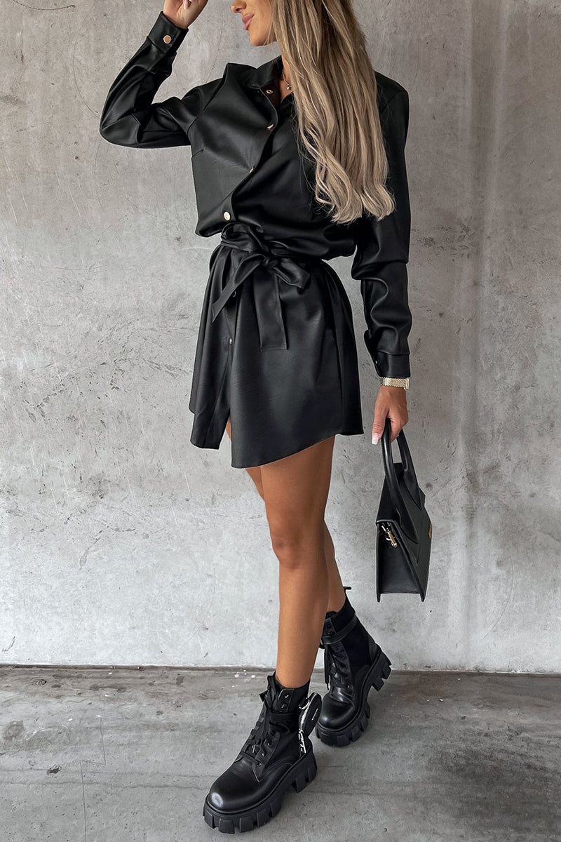 Timeless Button Down Trendy Faux Leather Shacket Dress