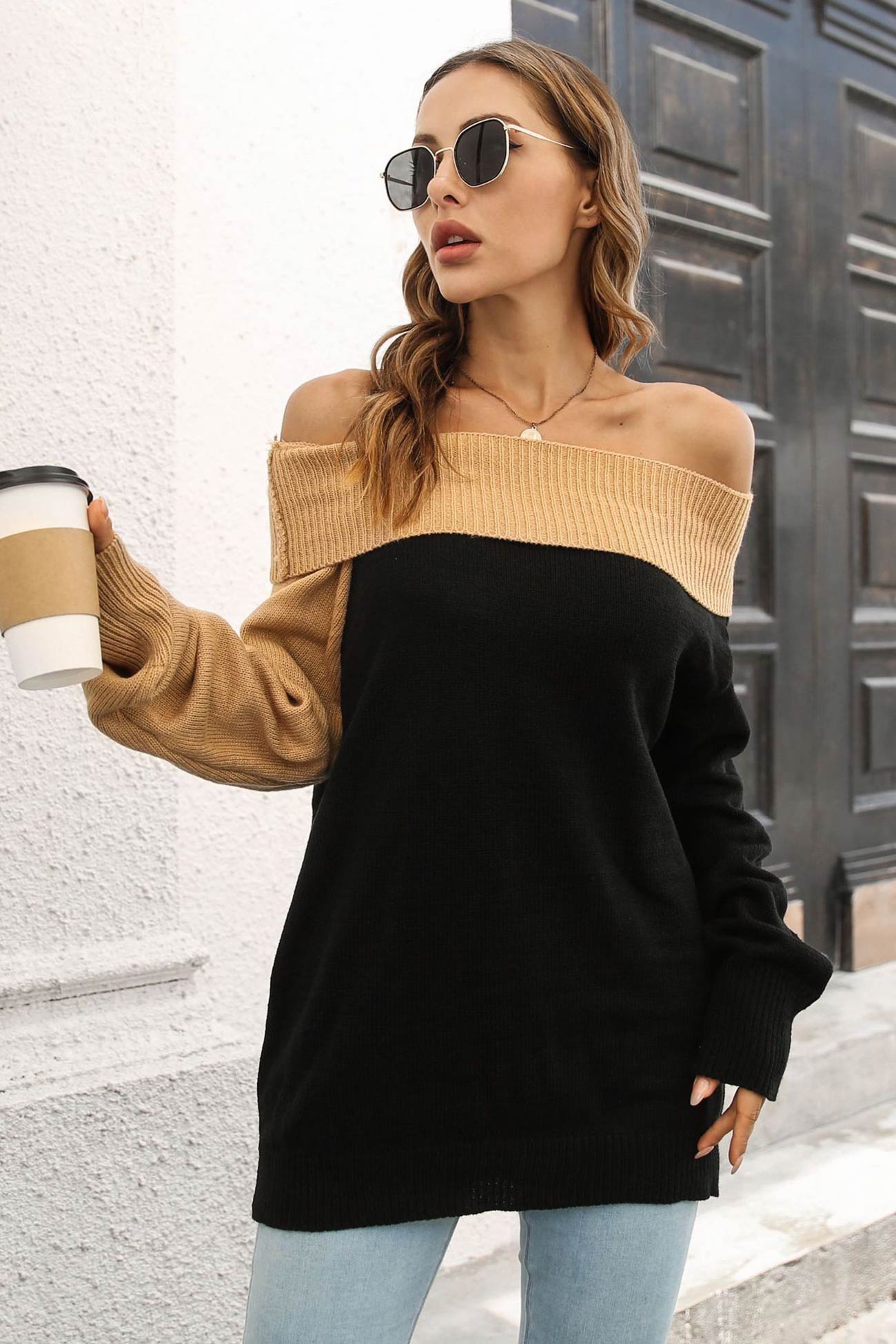 TastyHottie - Off Shoulder Contrast Color Sweater