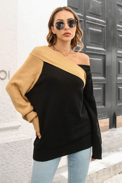 TastyHottie - Off Shoulder Contrast Color Sweater