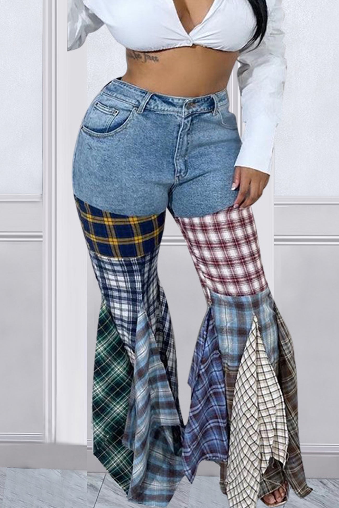 TastyHottie - Plaid Patchwork Mid-waisted Flares Jeans